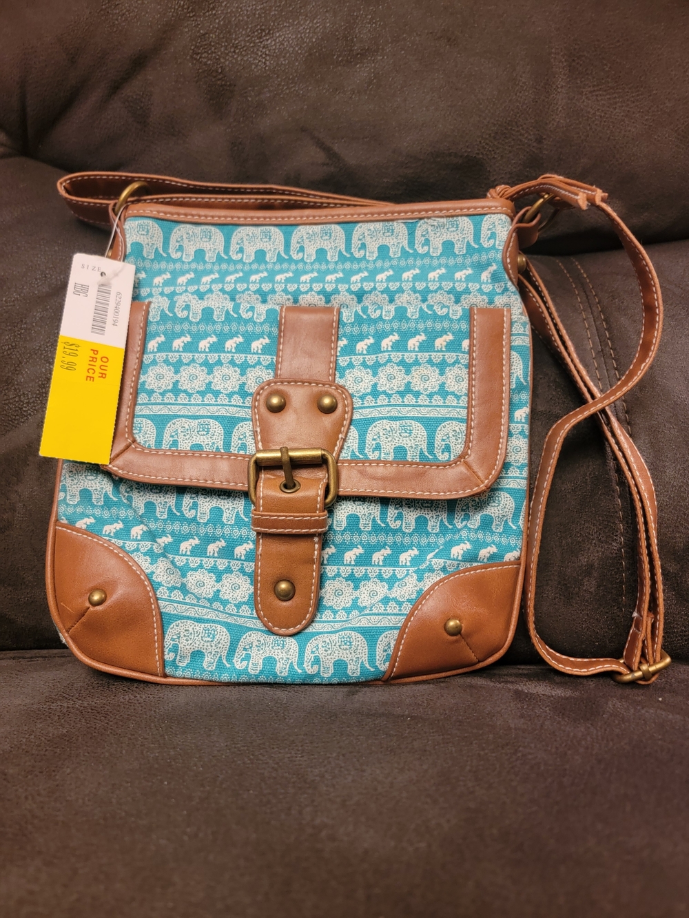 Turquoise Elephant Print Crossbody Bag with Brown Trim